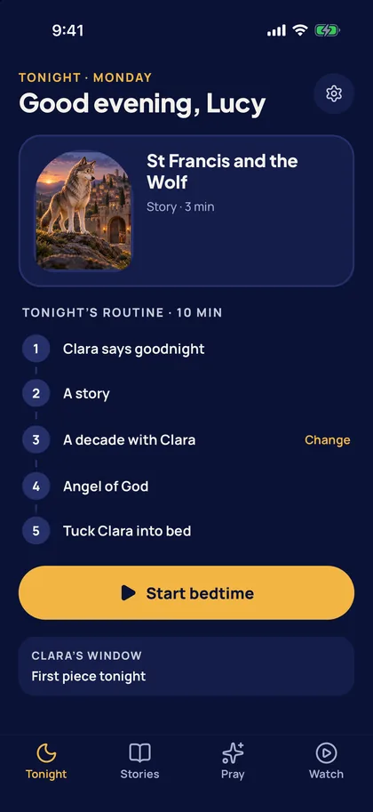The Tonight screen in the app, with the five steps of the routine