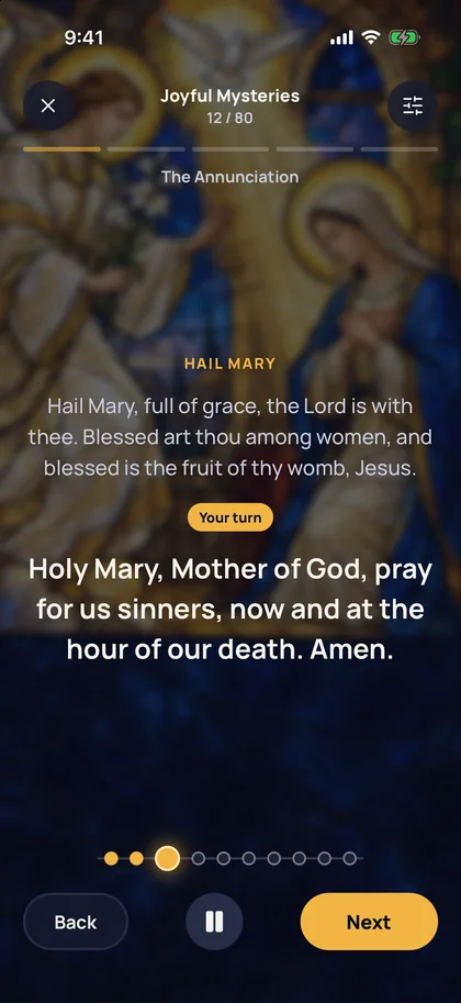 The Rosary player: a Hail Mary in front of the Annunciation window